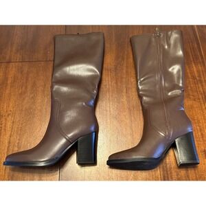 NWOB Women's Brown Knee High Boots Size 8 1/2 • Faux Leather Block Heel Zip
